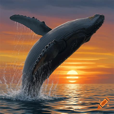 A large whale breaches out of ocean waves at sunset, adorned with red ...