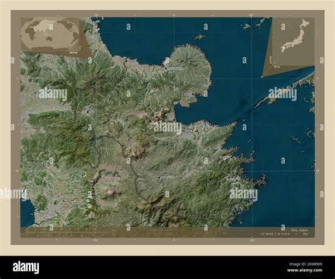 Oita, prefecture of Japan. High resolution satellite map. Locations and names of major cities of ...