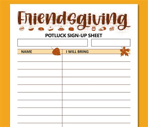 Friendsgiving Potluck Sign up Sheet Printable, Friends Thanksgiving ...