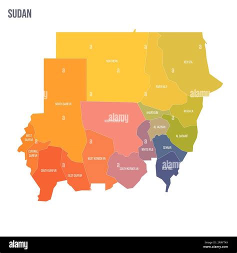 Sudan political map of administrative divisions - states. Colorful spectrum political map with ...