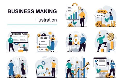 Business making concept with character situations mega set vector ...