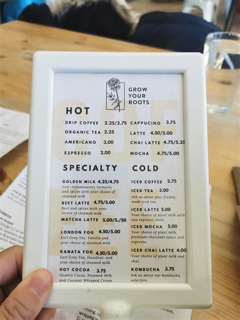 Menu at Grow Your Roots Cafe, Ottawa