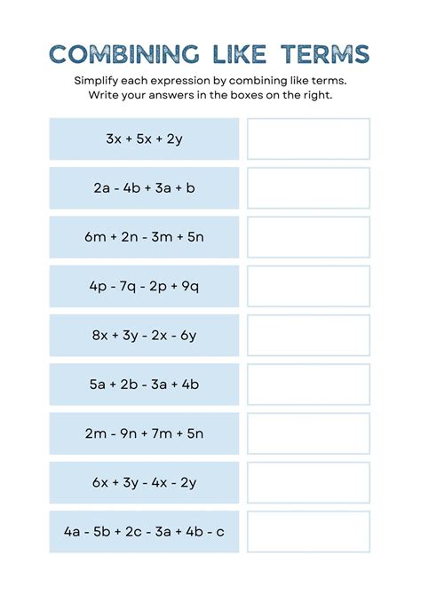 Combining Like Terms Worksheet - Printable File