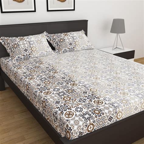 Buy Bouquet White Printed Cotton King Fitted Bedsheet Set - 180x195cm ...
