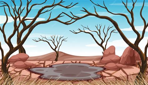Scene with mud pond and dried trees | Free Vector
