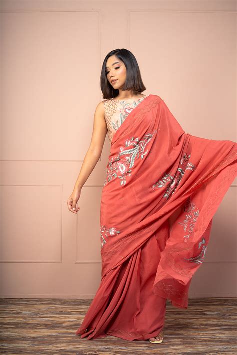 Rose Pink Organza Blouse With Coral Crepe Saree – Auraya Fashion