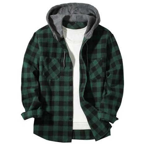 Evdexr Mens Flannel Jackets Plaid Jacket Hooded Long Sleeve Fall Coats ...