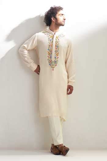 Buy Peach 100% Cotton Viscose Silk Zardozi Kashmiri Embroidered Kurta ...