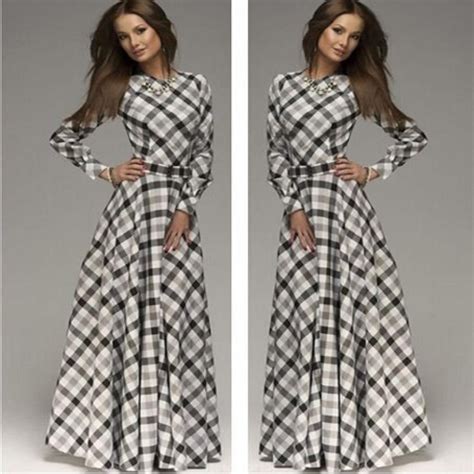 Elegant Long Sleeve Plaid Maxi Dress | Vestidos, Vestidos plus size, Moda