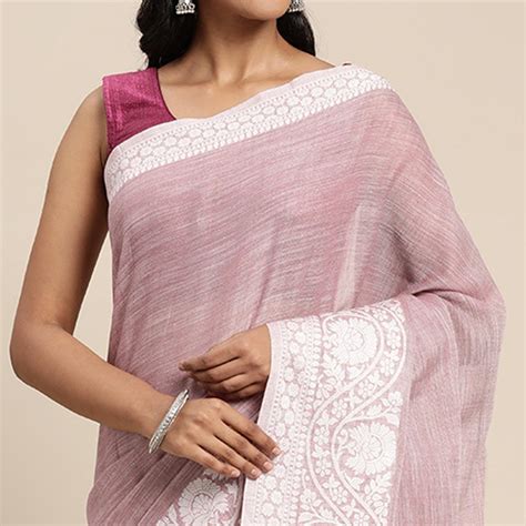 Mauve Embroidered Linen Saree with Tassels