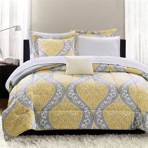 Mainstays Yellow Damask 6-Piece Bed in a Bag Bedding Set, Twin ...