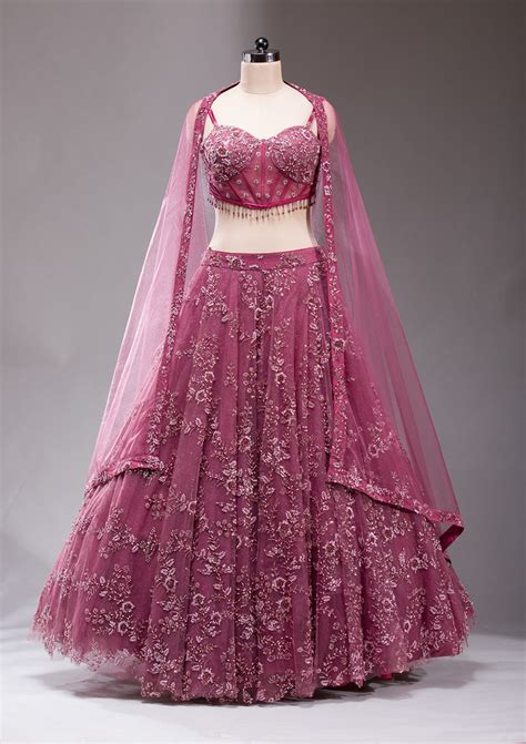 Buy Mauve Pearlwork Net Readymade Lehenga - Koskii