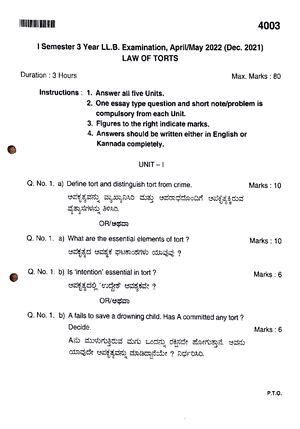 Torts Law Question Paper Nov-Dec 2020 ...