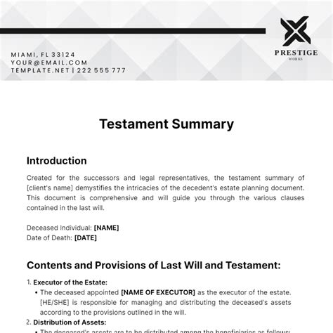 Free Testament Summary Template to Edit Online