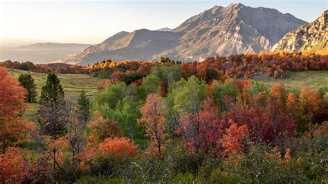 Picturesque valley with a view of Squaw Peak in autumn in the ...