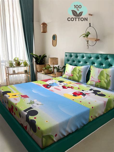 Klotthe Green Cartoon Characters 400 TC Pure Cotton Double Bedsheet wi ...