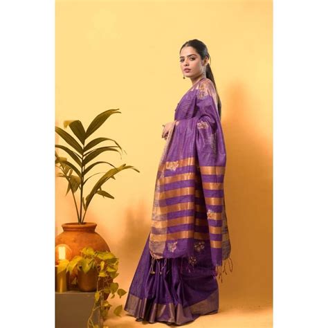 Elegant Khadi Saree - Zari Linen Embroidered in Purple – Charkha Tales