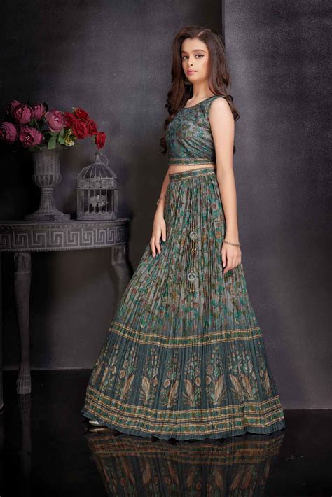 Teal Green Lehenga Choli Set With Printed And Sequin Work For Girls ...