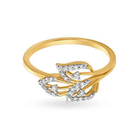 Glossy Leaf Pattern Gold and Diamond Finger Ring