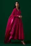 Buy Pink Chanderi Silk, Organza Crystals, Embroidery V-neck Anarkali ...