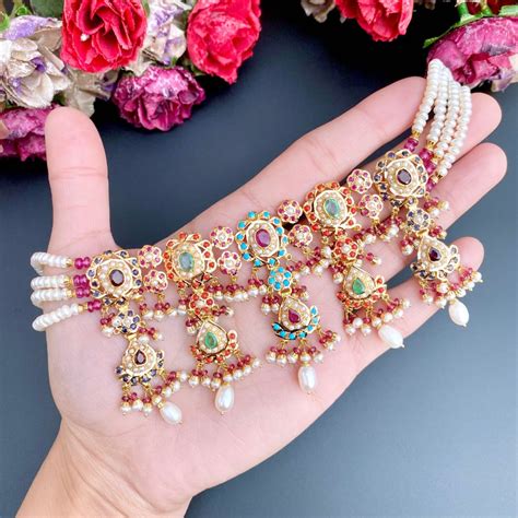 Gold Navratna Choker Set | Mughal Design Jewellery | 22k Gold