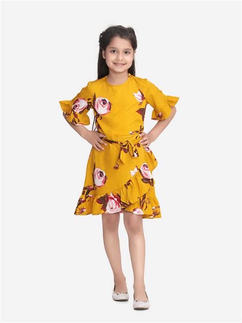 Girls Mustard FloralPrint Dress with Ruffle – Stylestone