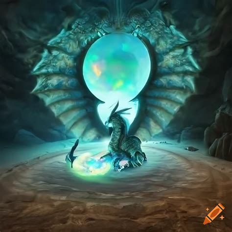 Dragon in a cave with glowing opal crystal on Craiyon