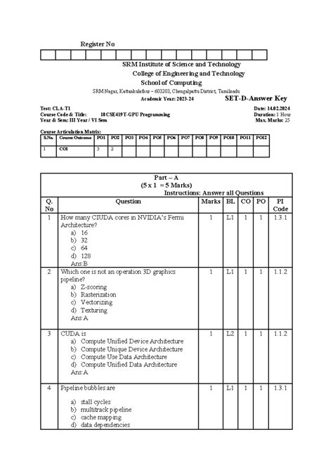GPU-CT1-Set D-Answer Key - Register No SRM Institute of Science and ...