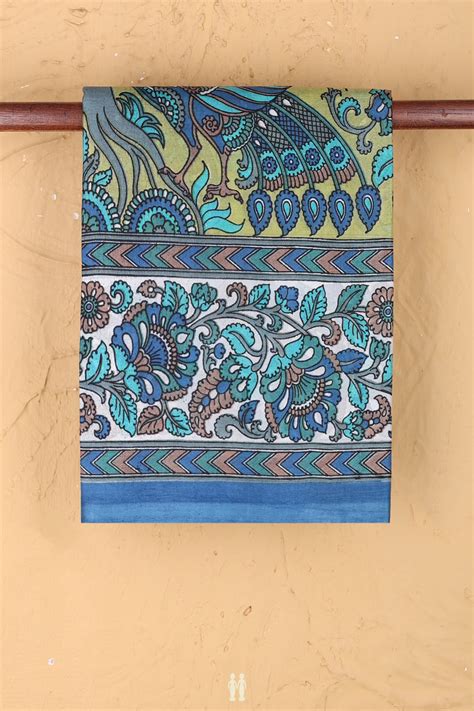 Printed Silk Saree In Pear Green With Floral Design