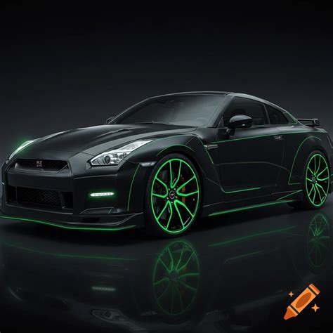Black Nissan GTR with neon green and custom GPU-like rims on Craiyon