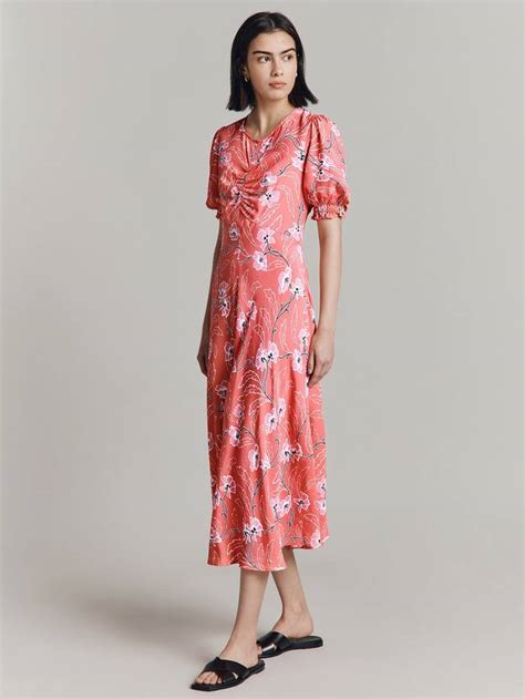 Ghost Lainey Floral Print Puff Sleeve Midi Dress, Pink/Multi