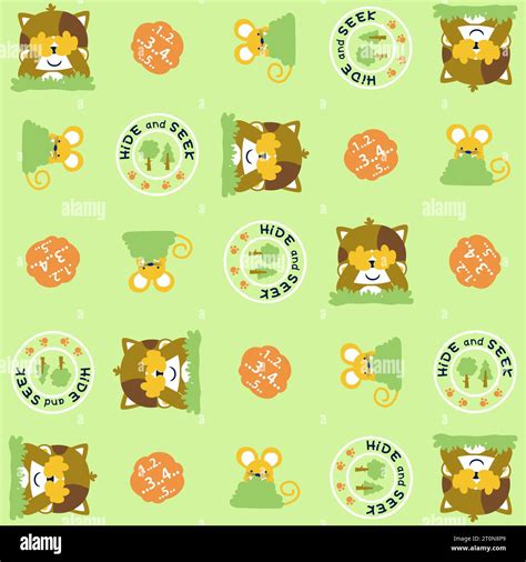 Vector cartoon seamless pattern of cute cat with mice playing hide and ...