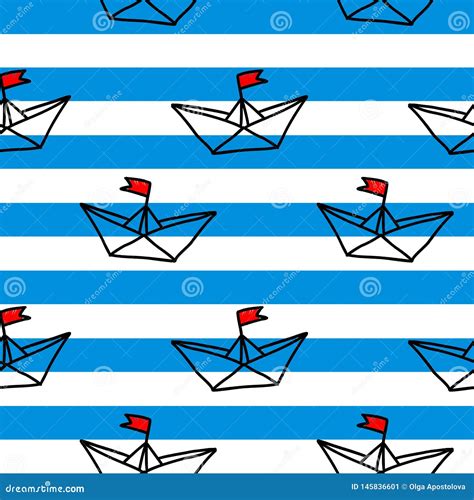 Hand Drawn Paper Ships on the White and Blue Background Seamless Vector ...