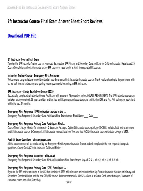 EFR Instructor Course Final Exam Answer Sheet - Blank Fillable Template ...