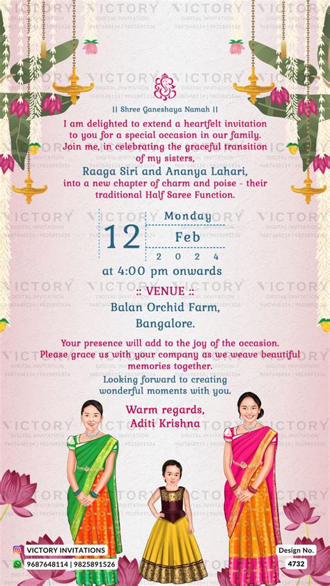 Young girl caricature invitation card for half saree ceremony in engli ...