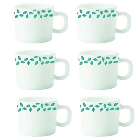 Borosil Larah Blue Leaves Opalware Cup Set (White, 100 Ml) - 6-Pieces ...