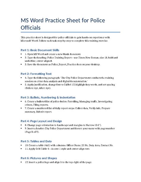 MS Word Training Sheet for Police Officials: Skills & Tasks - Studocu