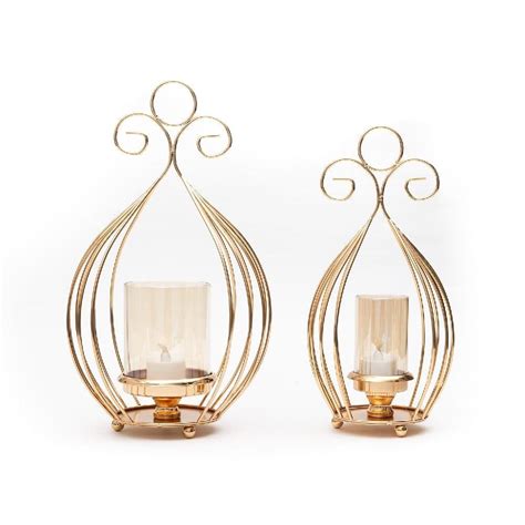 Floral Caged Metal Candle Stand Set with Glass Shades (2 Incremental S ...