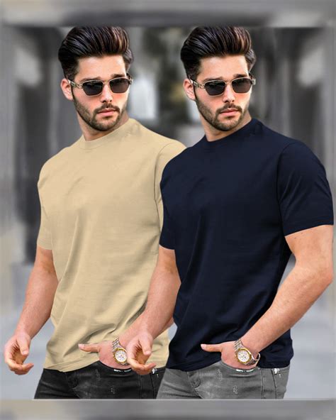 Mens Half Sleeve Plain Round Neck Beige & Navyblue T-shirts (Pack Of 2 ...