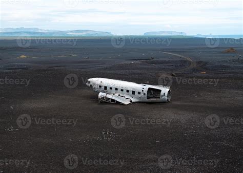 Aerial view of Abandoned DC-3 plane wreck on Solheimasandur black sand ...