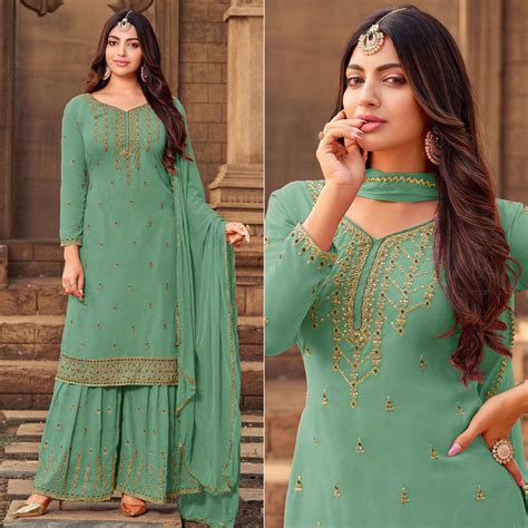 Aqua Green Party Wear Embroidered & Embellished Georgette Palazzo Suit
