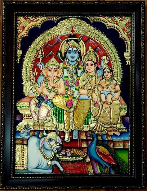 "Shiva Family Tanjore Painting 3": Yellow Orange Tanjore Traditional ...