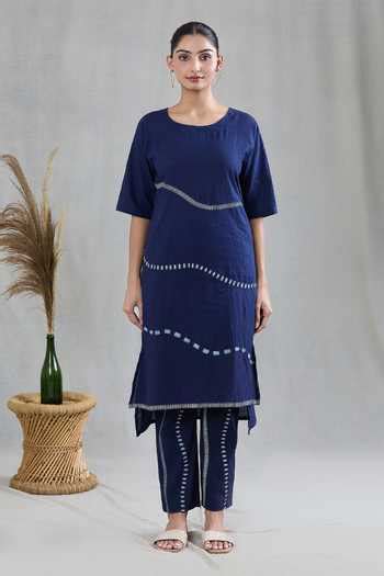 Buy Blue Cotton Embroidery Round Neck Striped Print Kurta Set For Women ...