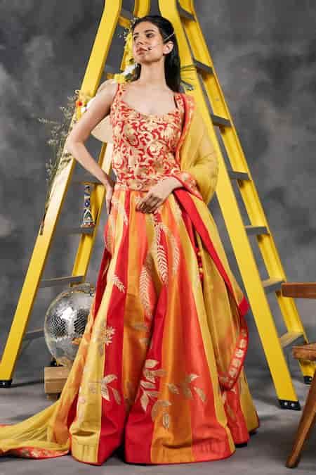 Buy Vandana Sethi Red Gota Embroidered Classic Lehenga Set Online | Aza ...