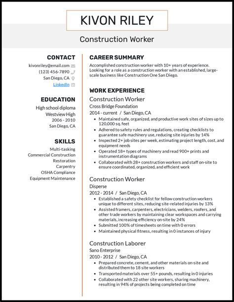 Image result for Construction Worker Resume Examples