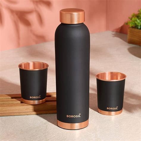 BOROSIL Eco 1000ml Copper Bottle with Glass Set (250ml x 2), 100% Pure ...