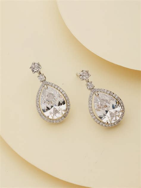 Priyaasi White Leaf American Diamond Silver-Plated Drop Earrings