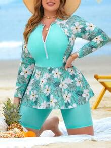 Swim Mulvari Summer Plus Size Women Floral Print Zipper Crop Top And ...