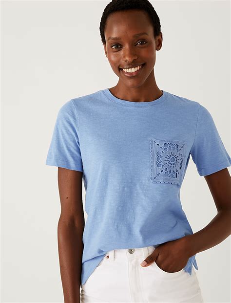 Buy Pure Cotton Lace Pocket T-Shirt at Marks & Spencer