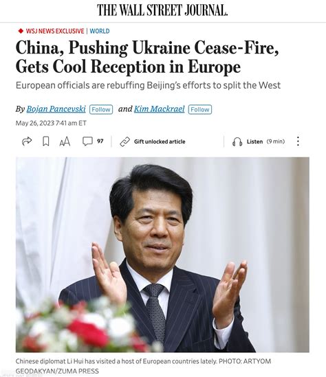 中国特使李辉推动俄乌战争停火，在欧洲受到冷遇｜华尔街日报 - 华尔街网报 - 六度世界